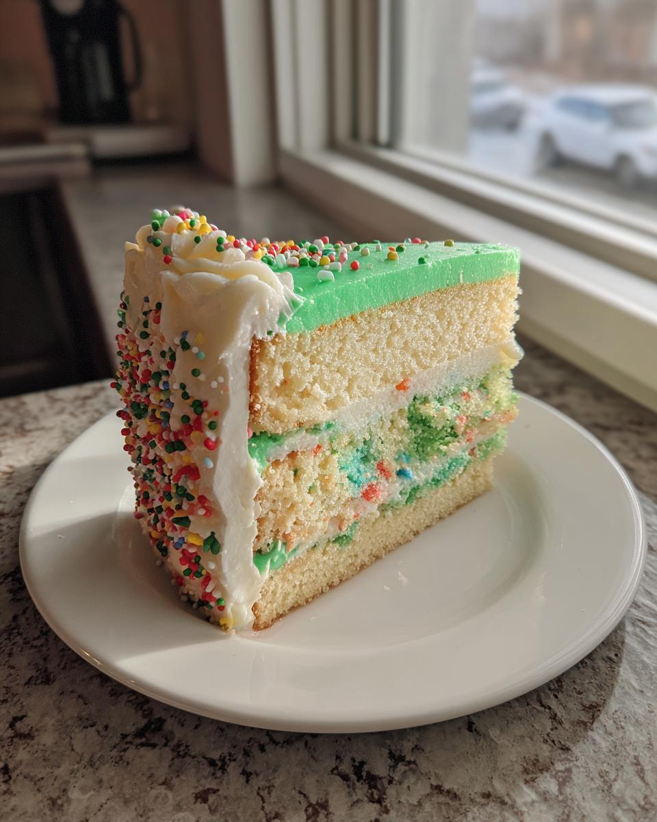 A slice of festive Christmas tree cheesecake featuring layers of cake, green frosting, and colorful sprinkles.