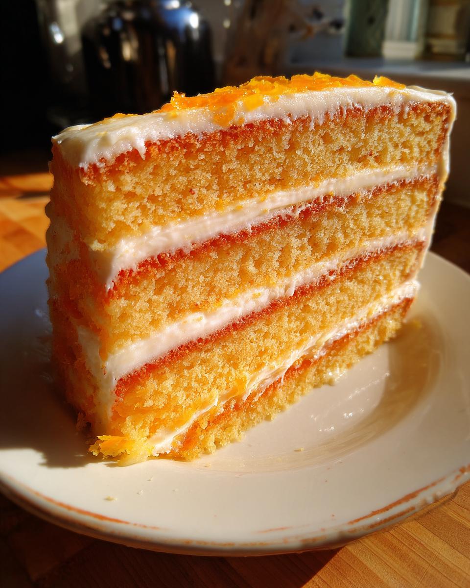 A tall, three-layer slice of Creamsicle Cake with white frosting and orange zest topping.