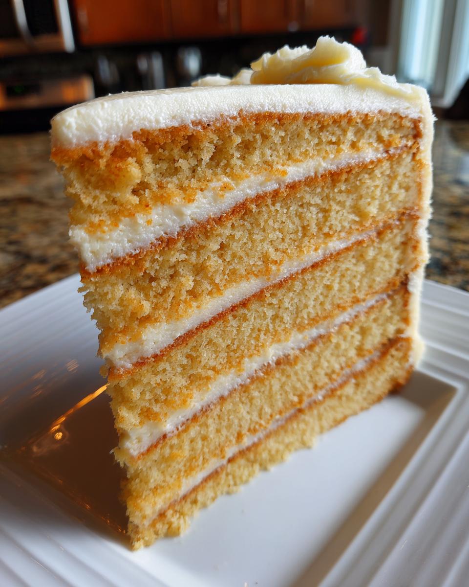 Close-up of a tall slice of Creamsicle Cake showing four layers of orange-tinted cake and white frosting.