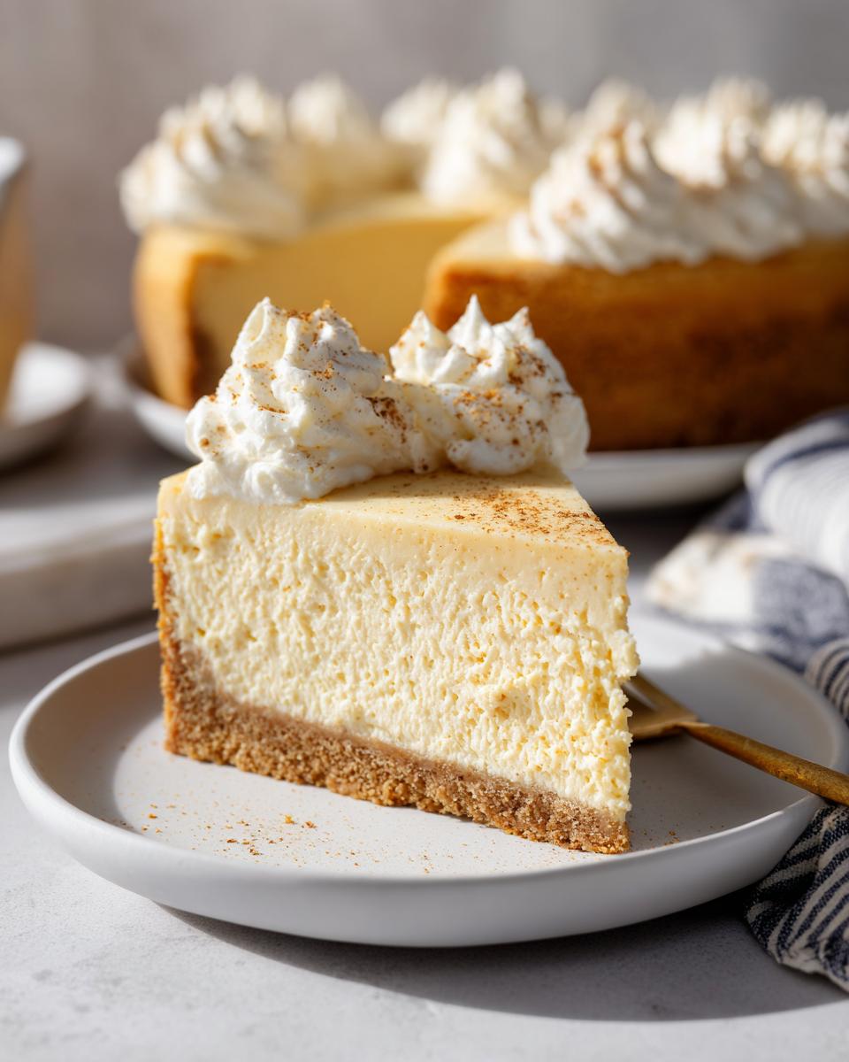 A perfect slice of creamy eggnog cheesecake recipe topped with whipped cream and cinnamon.