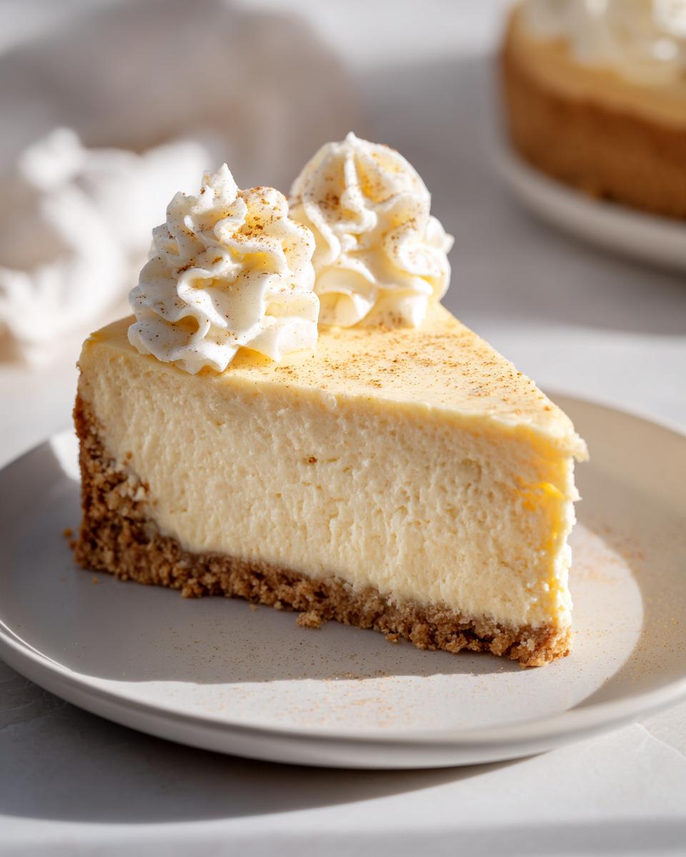 A perfect slice of creamy eggnog cheesecake recipe topped with whipped cream and nutmeg.
