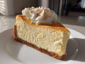 A perfect slice of creamy eggnog cheesecake recipe topped with whipped cream and cinnamon.