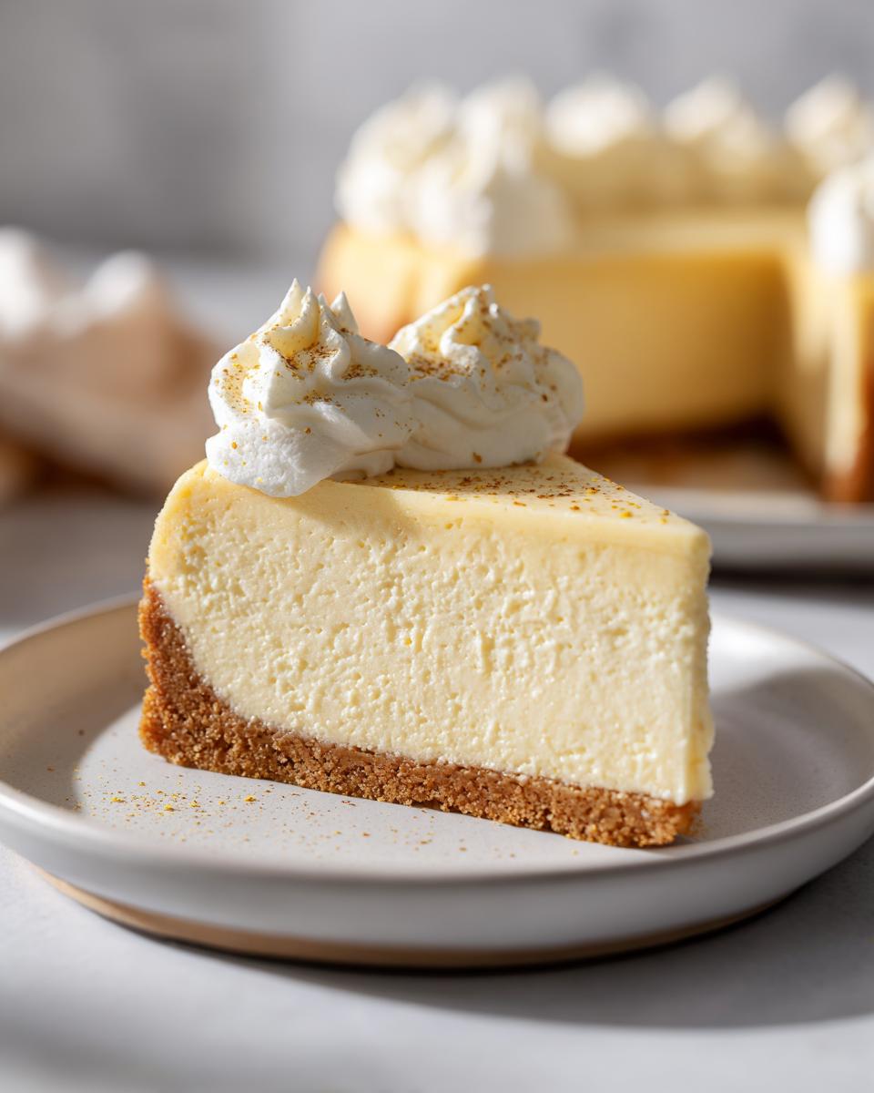Close-up of a perfect slice of eggnog cheesecake recipe with a graham cracker crust, topped with whipped cream and nutmeg.