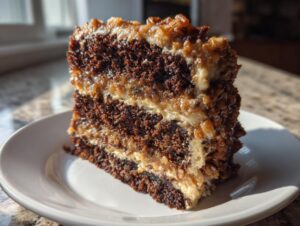A tall slice of moist german chocolate cake recipe layered with creamy coconut-pecan frosting, highlighted by sunlight.