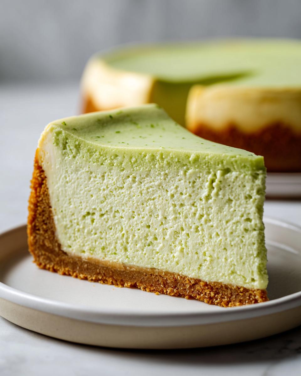 A close-up shot of a perfect slice of vibrant green key lime cheesecake on a plate, showing the thick crust.