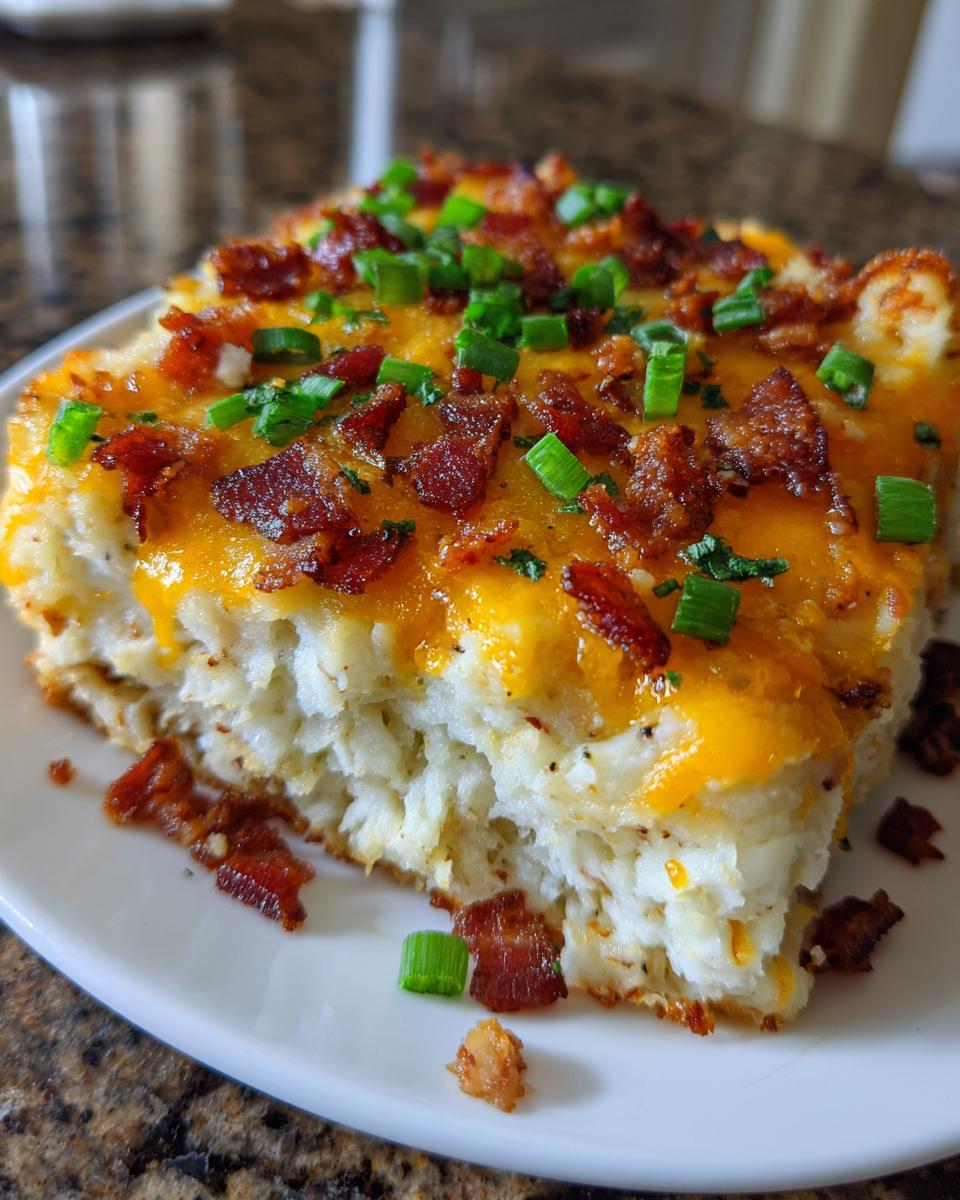 A close-up of a slice of baked mashed potatoes topped with melted cheddar cheese, bacon bits, and green onions.