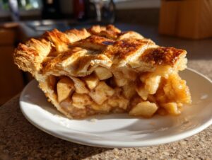 A close-up of a thick slice of apple pie showing the chunky apple filling and flaky lattice crust.