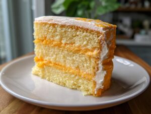 A tall slice of layered Creamsicle Cake featuring yellow sponge and bright orange filling, frosted with white icing.