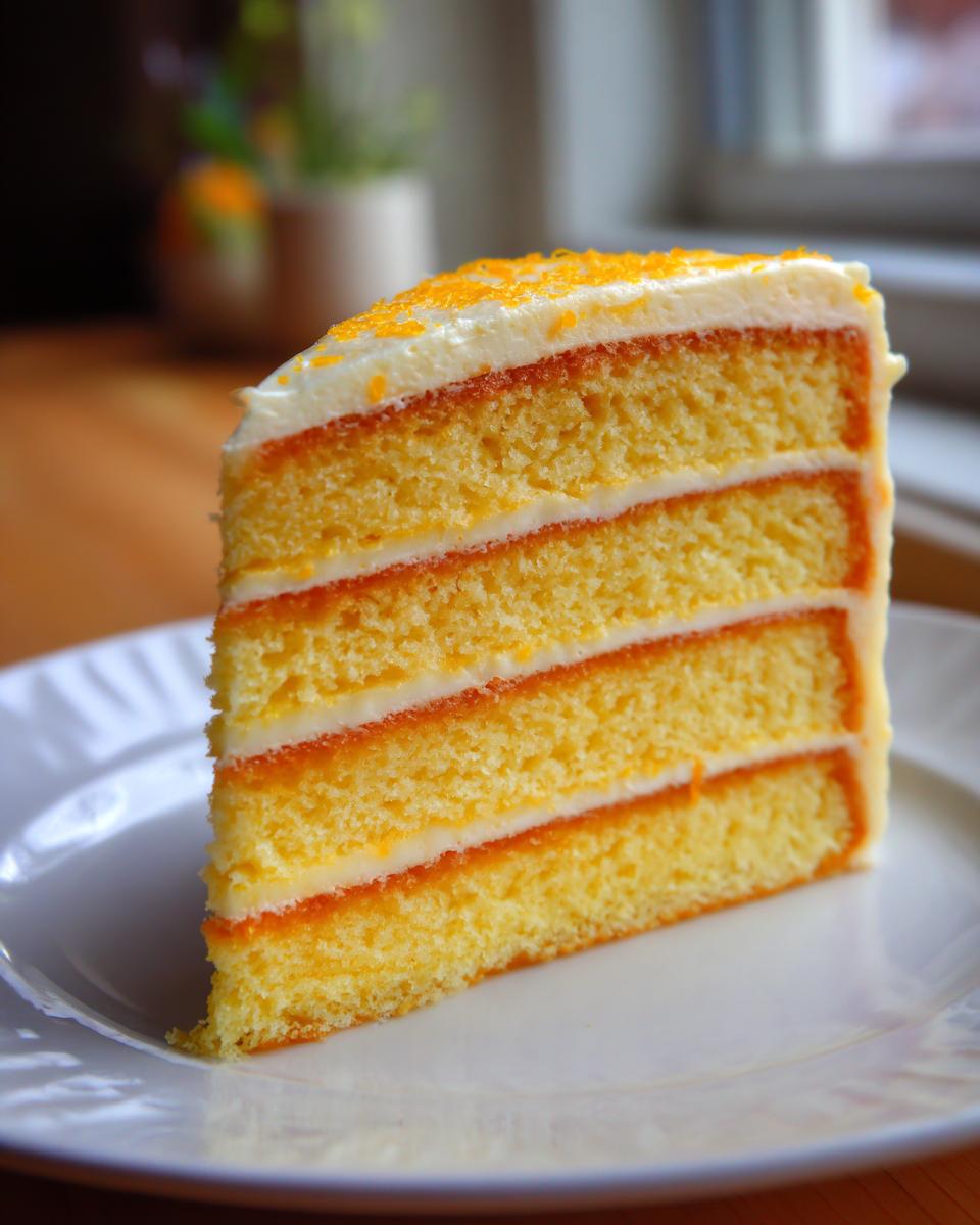 A tall slice of Creamsicle Cake showing four layers of orange sponge cake separated by white frosting.