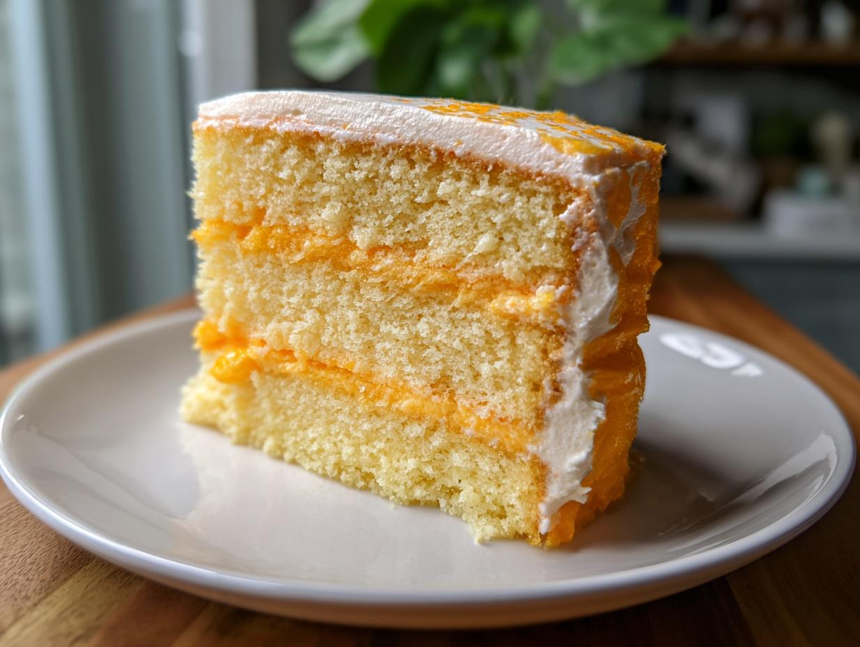 A tall slice of layered Creamsicle Cake featuring yellow sponge and bright orange filling, frosted with white icing.