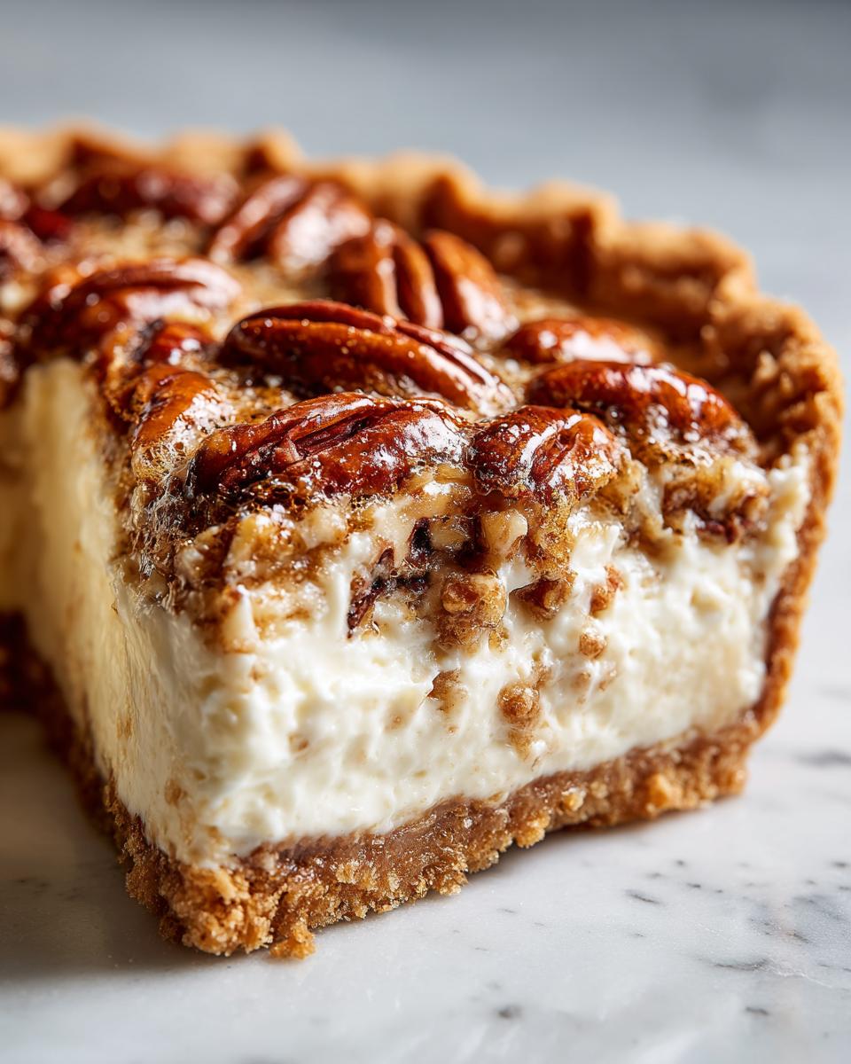 Close-up of a thick slice of pecan cream pie showing a creamy white filling, graham cracker crust, and glazed pecans on top.