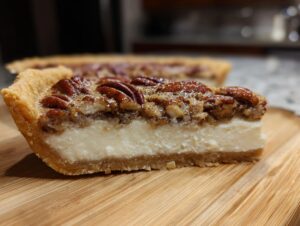 Close-up of a thick slice of pecan cream pie showing a graham cracker crust, creamy white filling, and pecan topping.
