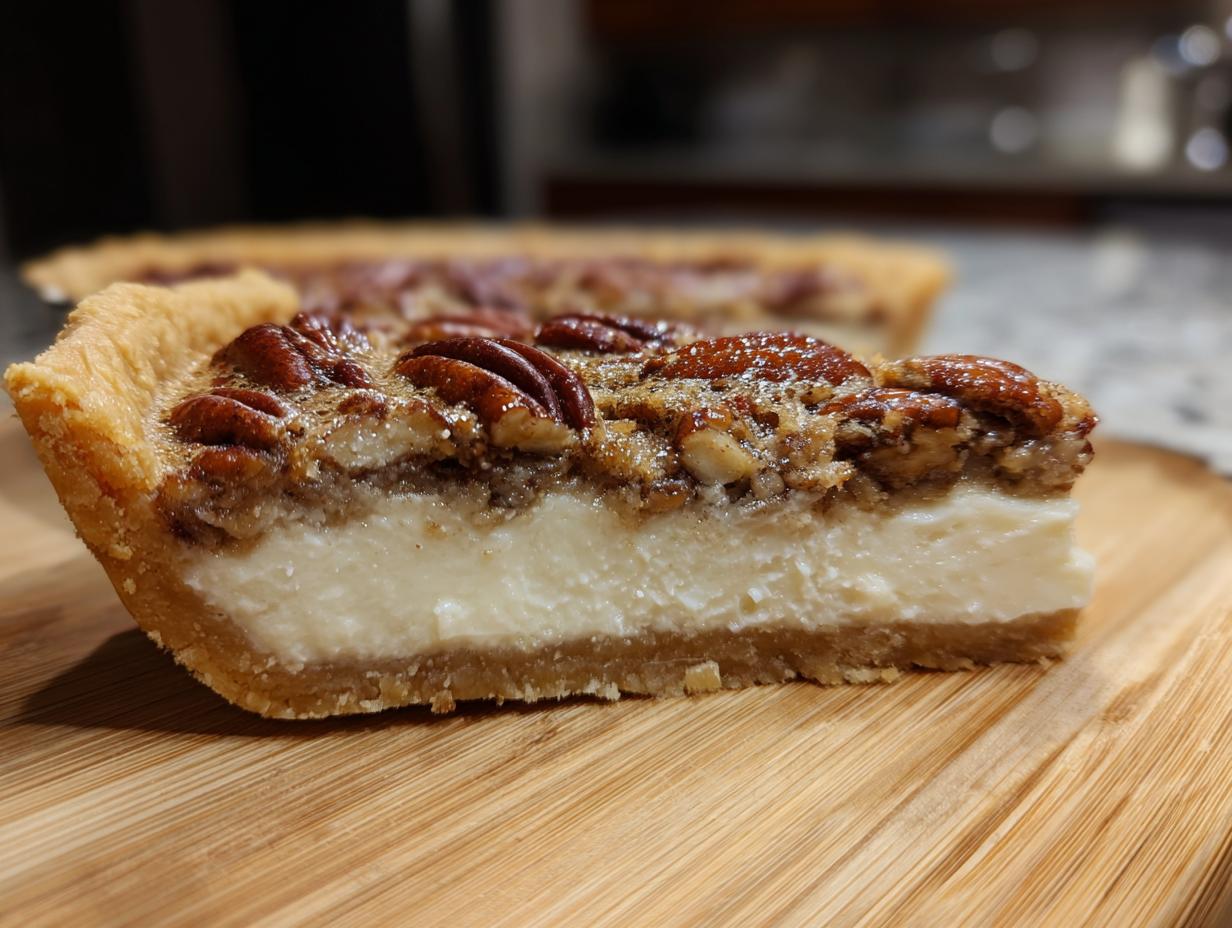 Close-up of a thick slice of pecan cream pie showing a graham cracker crust, creamy white filling, and pecan topping.