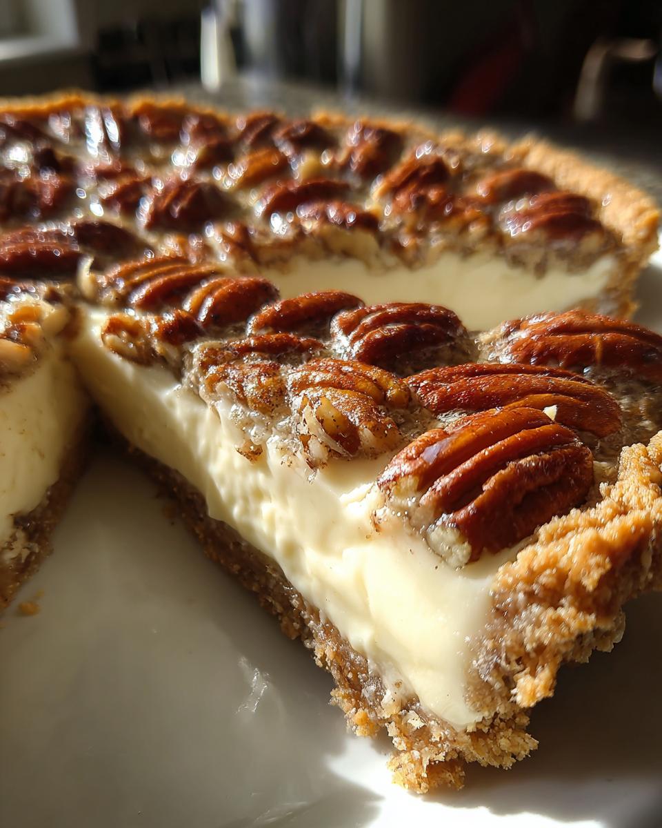 Close-up of a thick slice of pecan cream pie showing a creamy filling and pecan topping.