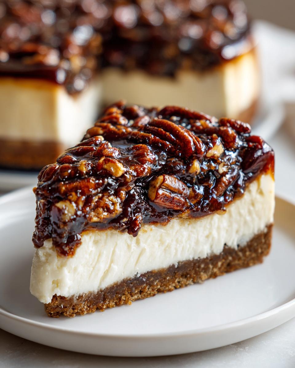 A perfect slice of pecan pie cheesecake featuring a graham cracker crust, creamy filling, and sticky pecan topping.