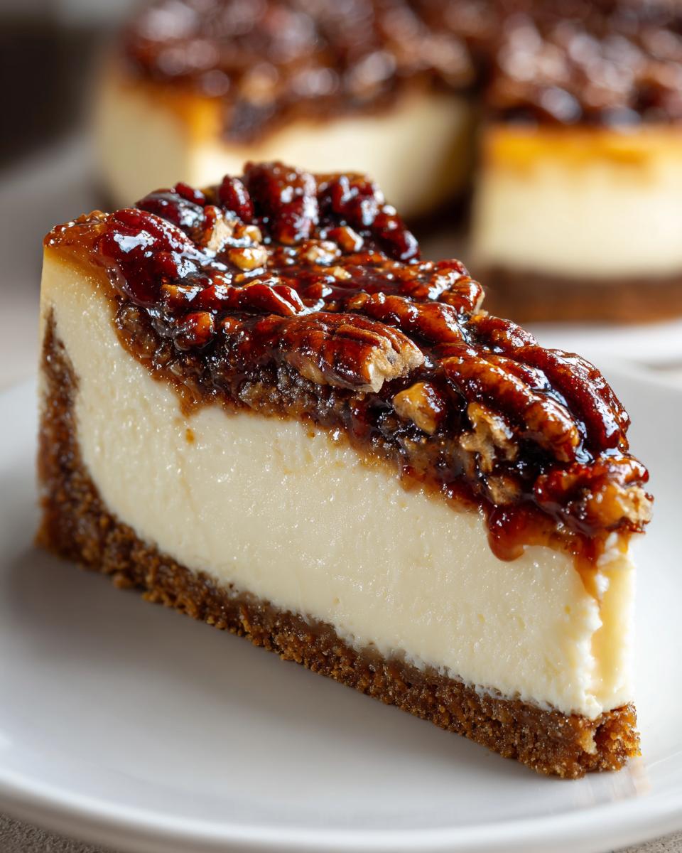 A close-up slice of creamy pecan pie cheesecake featuring a thick graham cracker crust and glossy pecan topping.