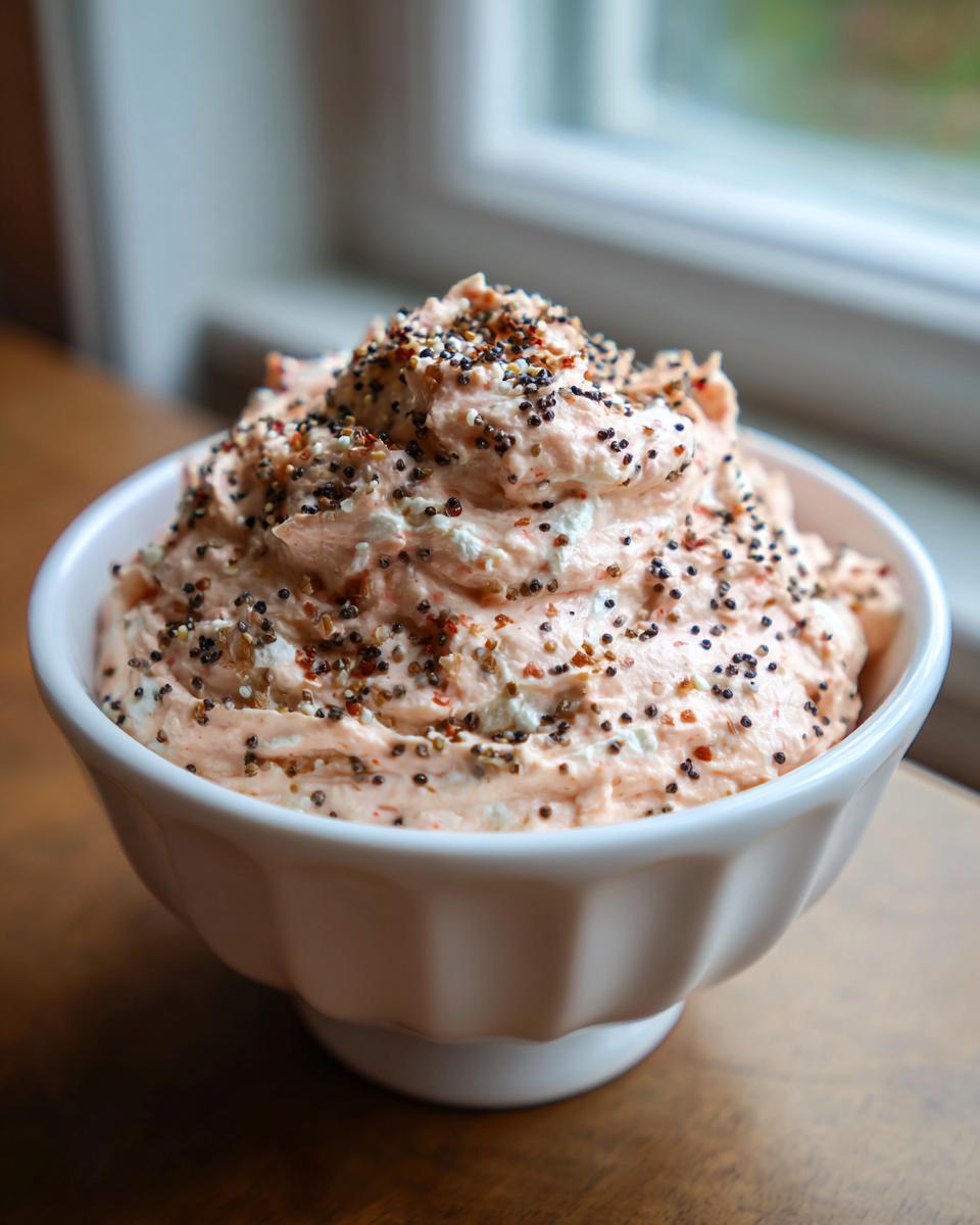 A generous serving of pink smoked salmon dip topped with everything bagel seasoning in a white pedestal bowl.