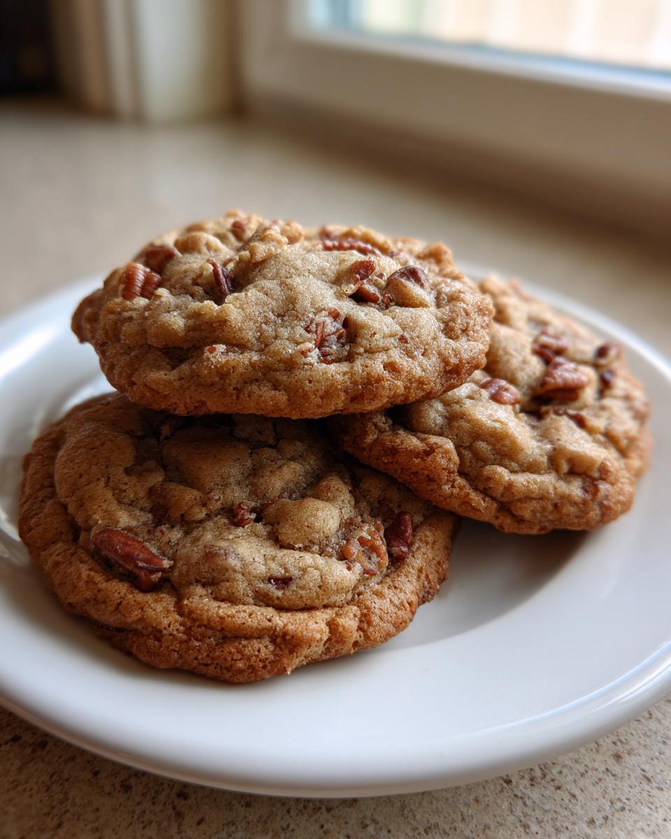 A stack of three soft, chewy butter pecan cookies resting on a white plate near a window.