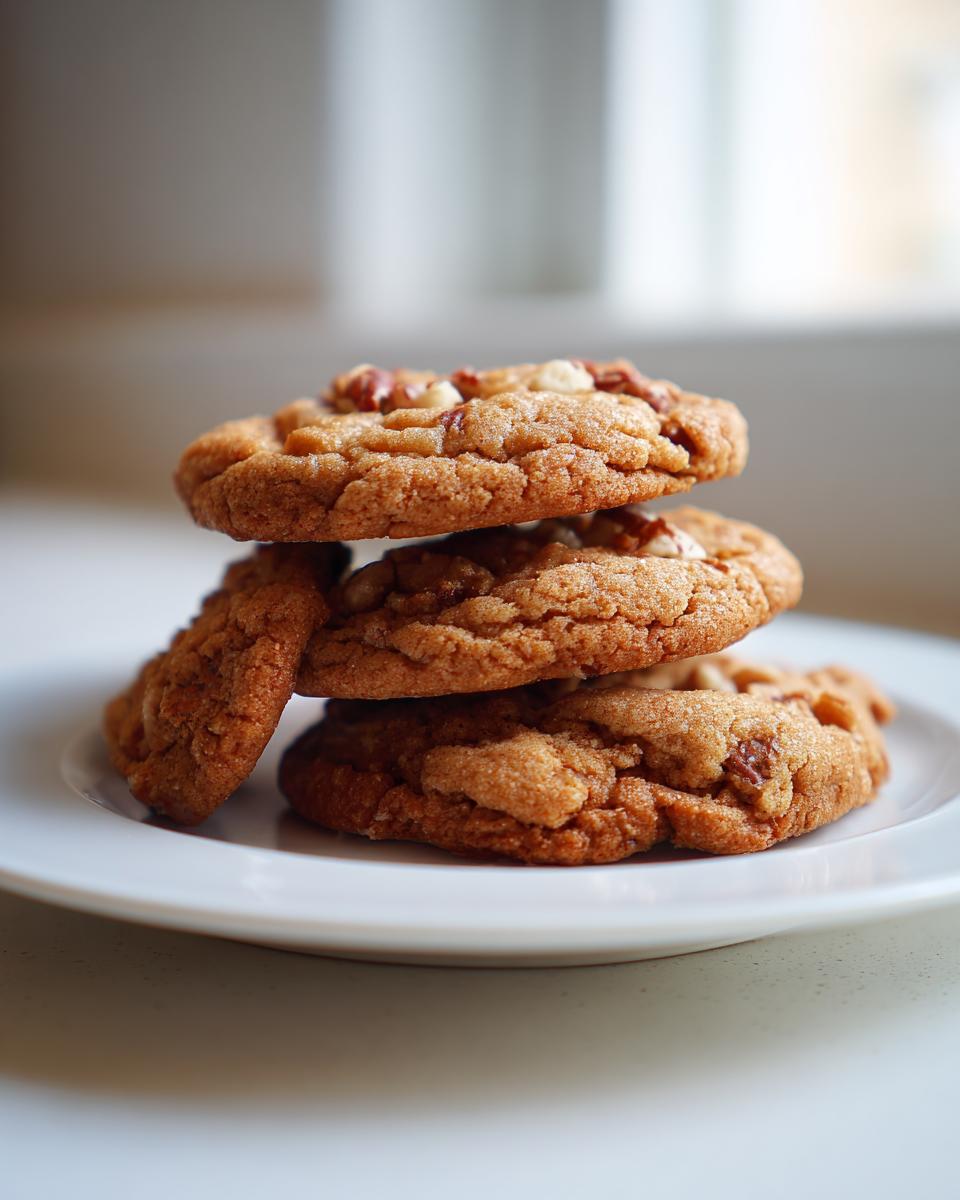 A stack of three soft, chewy butter pecan cookies piled on a small white plate.