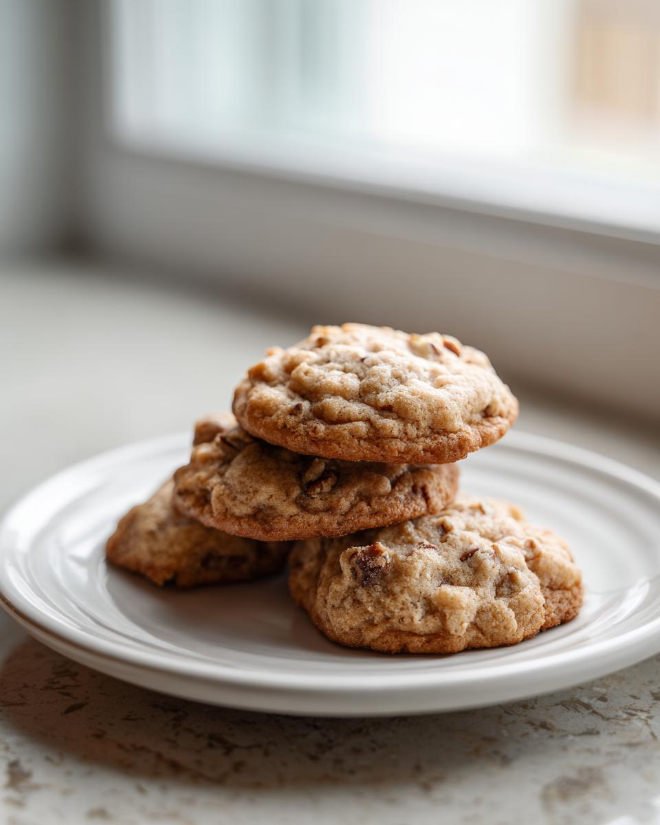 A stack of four soft and chewy butter pecan cookies resting on a white plate near a window.