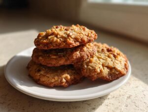 A stack of four soft and chewy butter pecan cookies resting on a small white plate, highlighted by natural sunlight.
