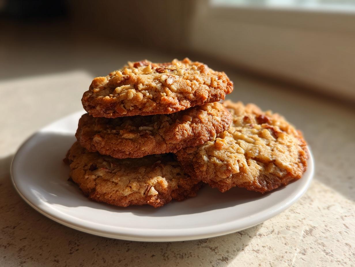 A stack of four soft and chewy butter pecan cookies resting on a small white plate, highlighted by natural sunlight.