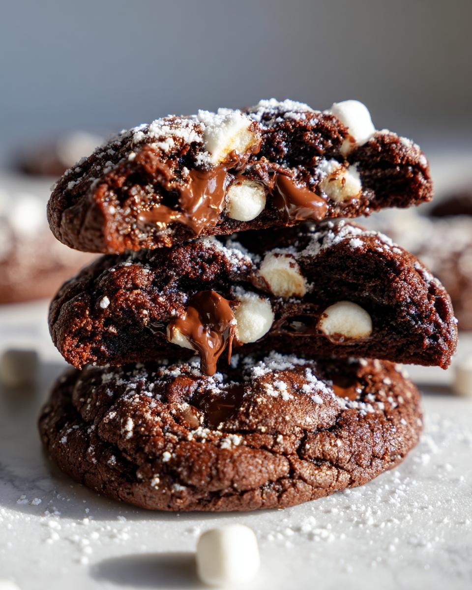 Stack of three soft and chewy hot chocolate cookies, showing melted chocolate and marshmallows inside.