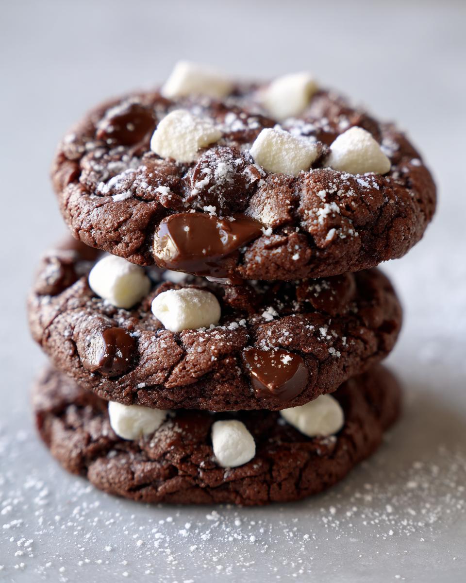 A stack of three rich, dark chocolate hot chocolate cookies topped with marshmallows and powdered sugar.