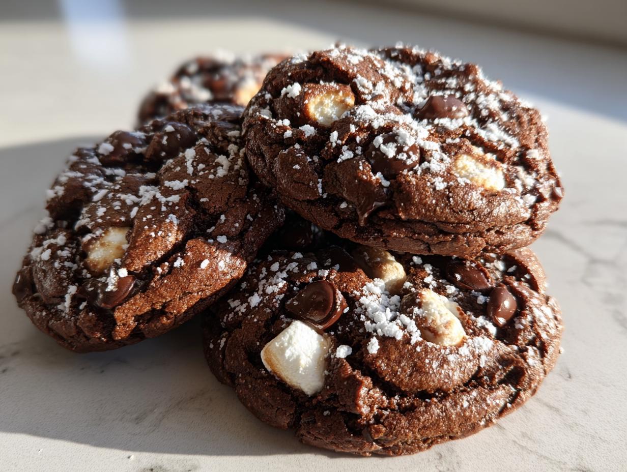 A stack of three rich, dark chocolate hot chocolate cookies topped with marshmallows, chocolate chips, and powdered sugar.