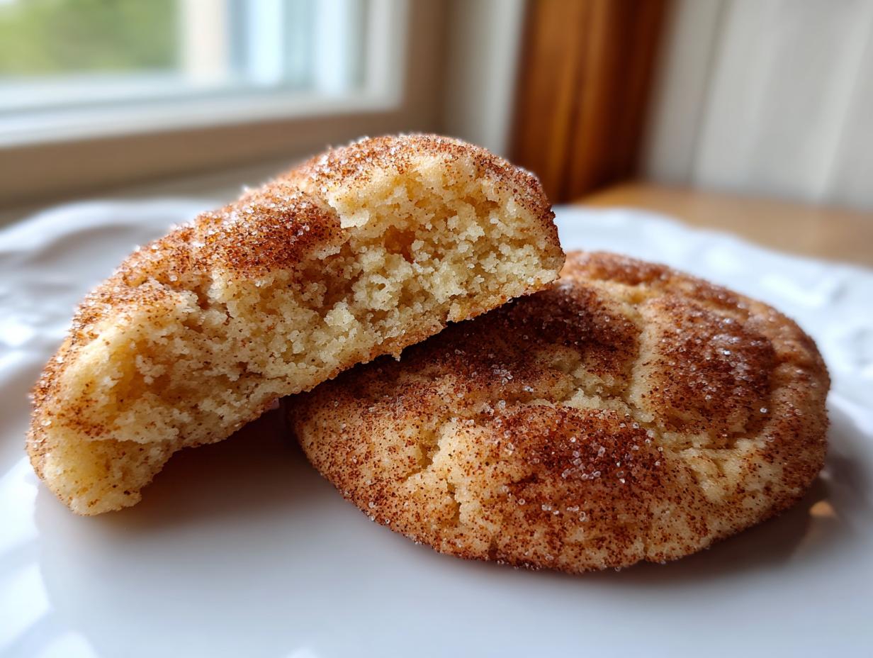 Close-up of a soft and chewy snickerdoodle cookie, one half broken open to show the texture.