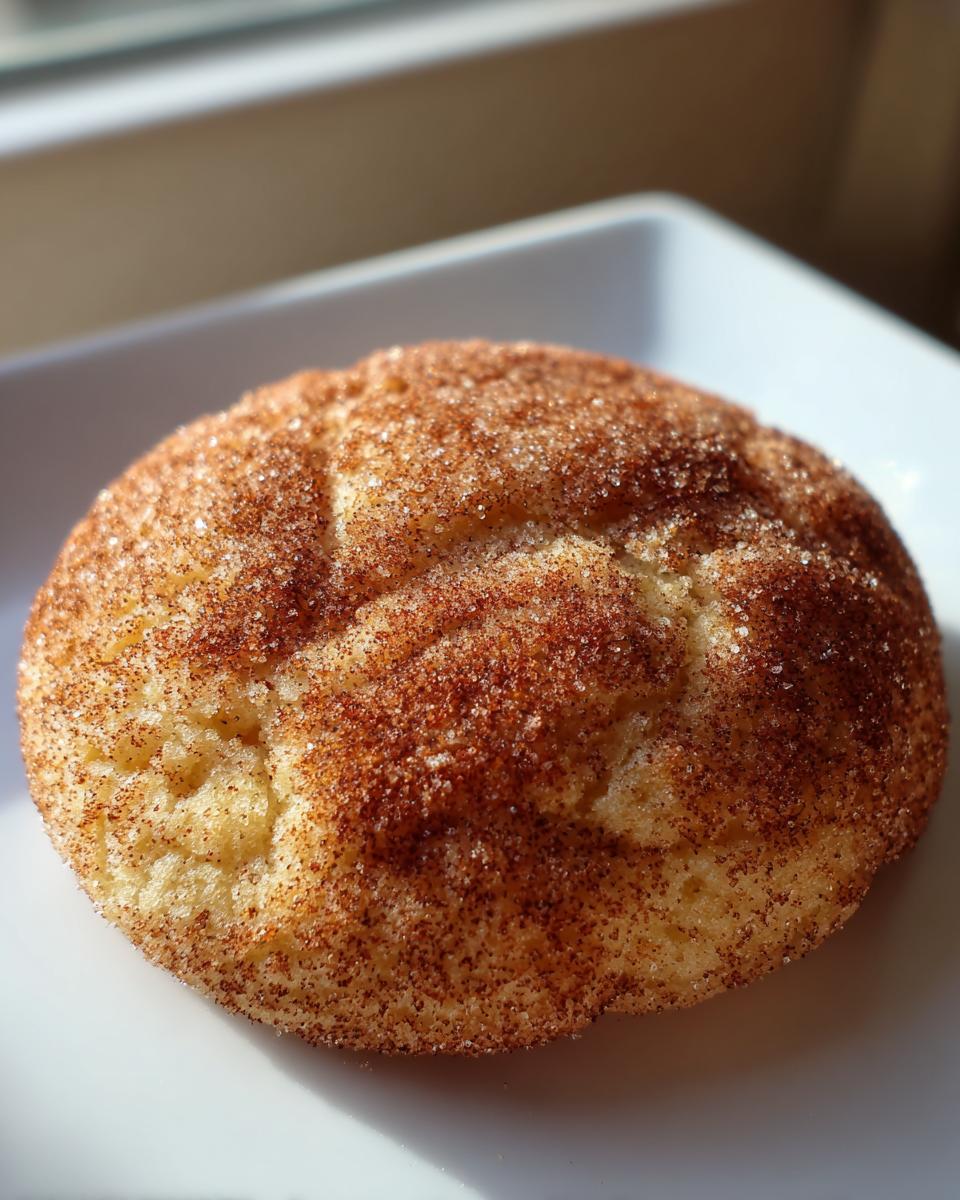 A close-up of a soft, chewy snickerdoodle cookie generously coated in cinnamon sugar, resting on a white plate.