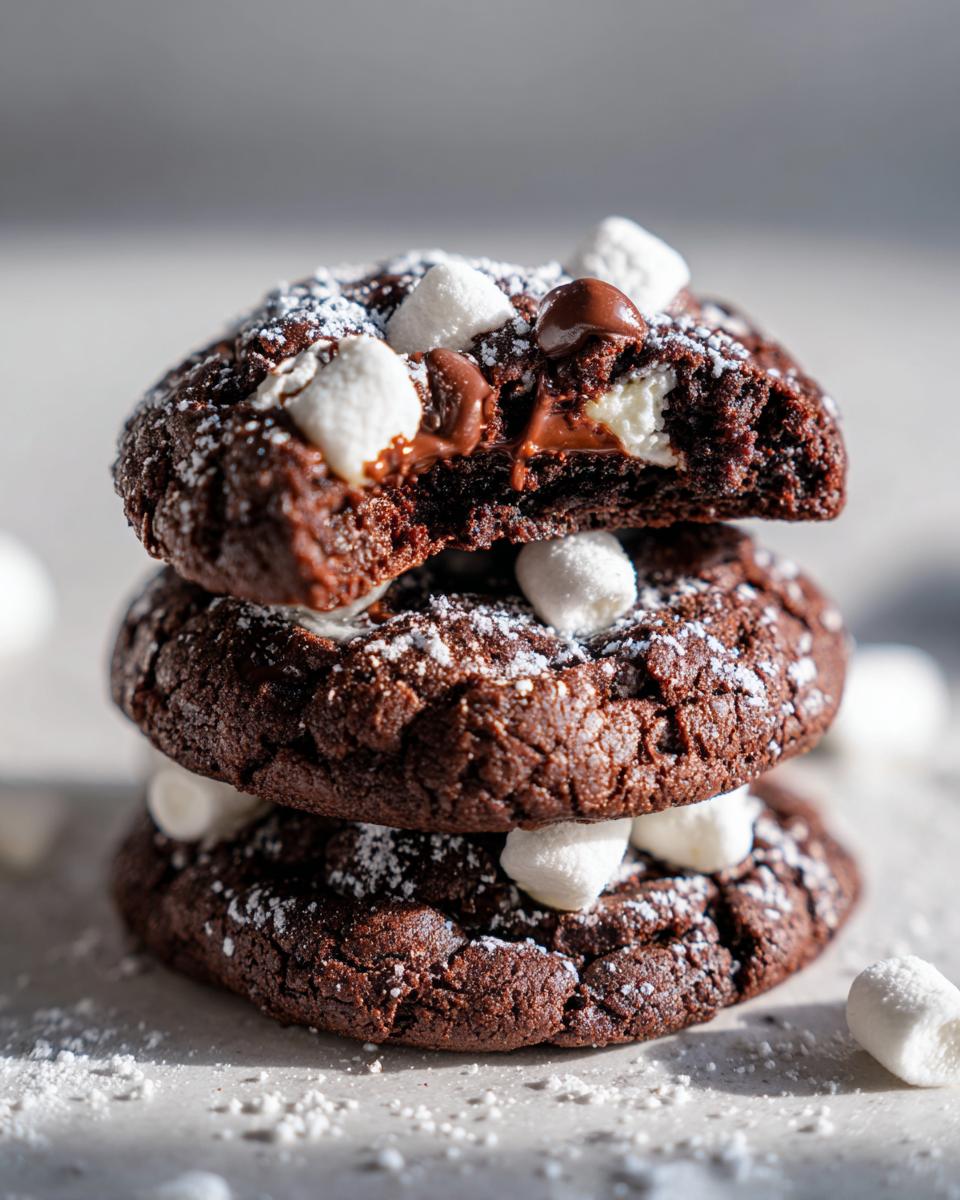 A stack of three rich, dark hot chocolate cookies topped with mini marshmallows and powdered sugar, one cookie is broken open showing a gooey center.