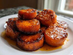A close-up of thick-cut, glazed southern candied yams stacked on a white plate with syrup pooling below.
