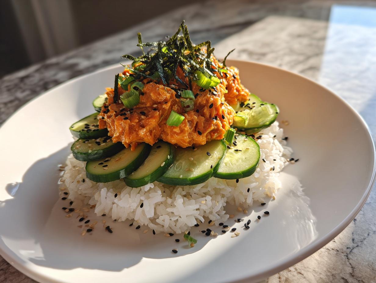 A serving of spicy tuna rice topped with sliced cucumbers, nori, and sesame seeds.