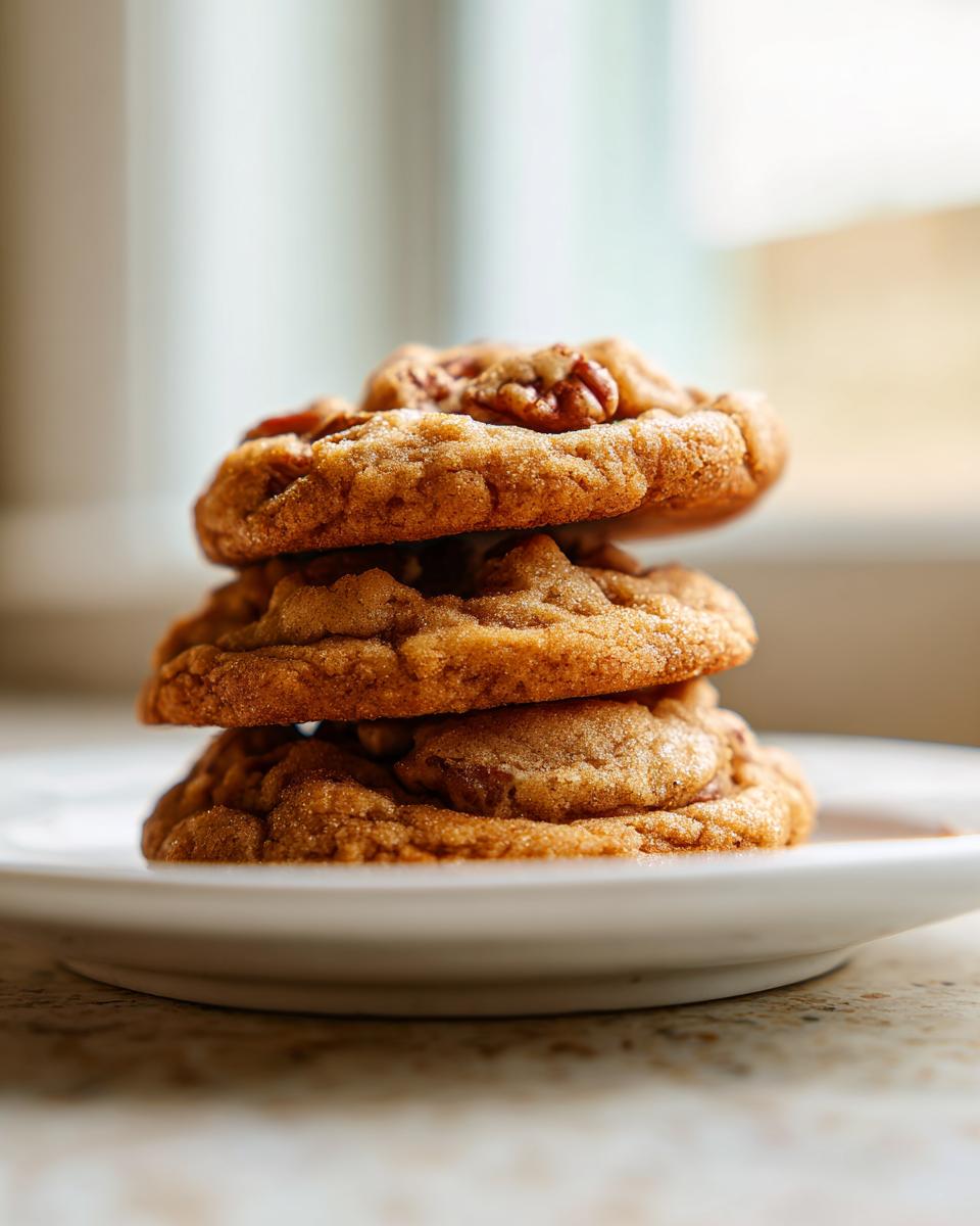 A stack of three soft and chewy butter pecan cookies resting on a white plate.