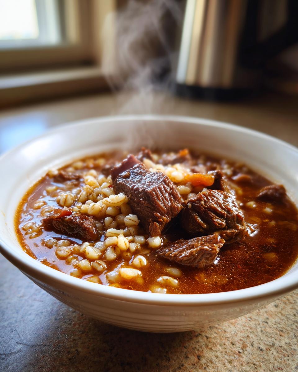 Close-up of a steaming white bowl filled with hearty beef barley soup, featuring tender chunks of beef and plump barley grains.