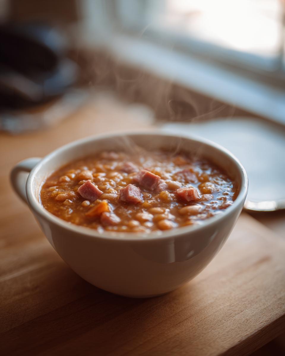 A steaming white mug filled with hearty navy bean soup topped with diced ham pieces, sitting on a wooden surface.