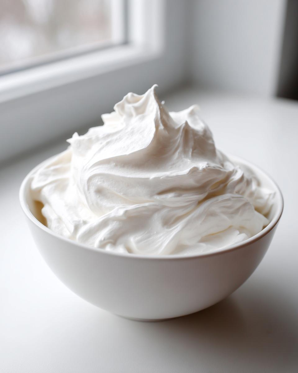 A white bowl filled with perfectly stiff, glossy peaks of fresh royal icing recipe mixture.