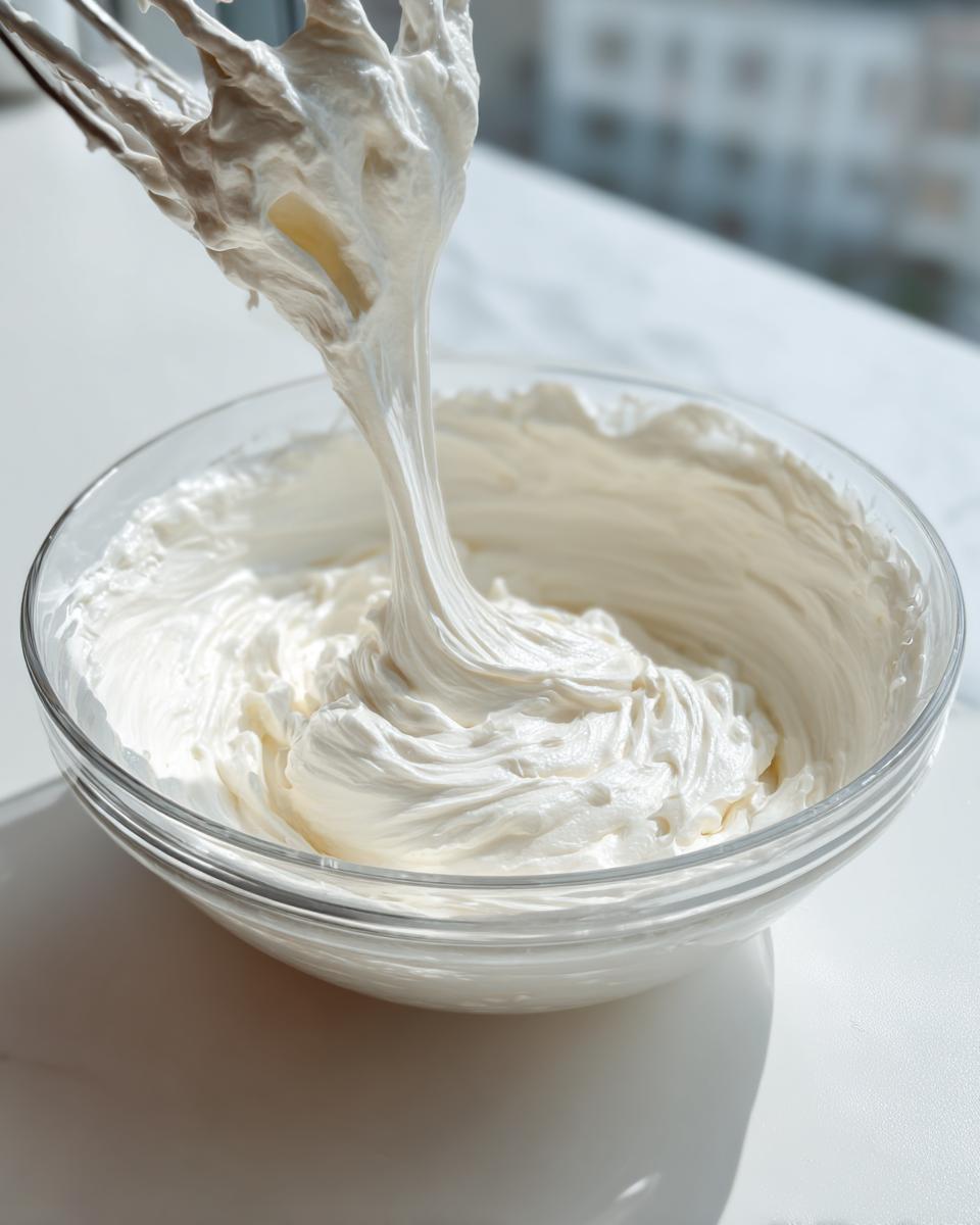 Close-up of thick, white royal icing recipe being lifted from a glass bowl by a whisk attachment, showing stiff peaks.