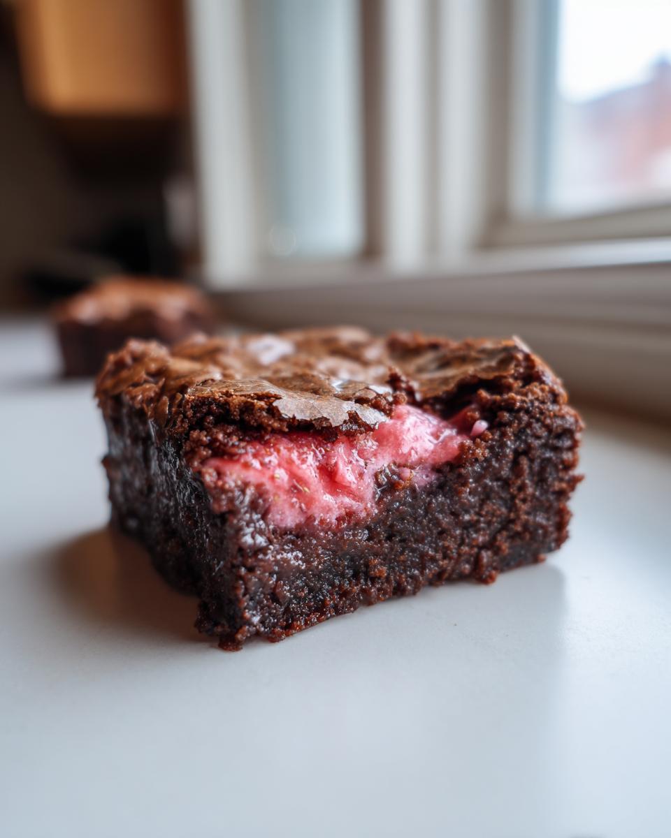 A close-up of a fudgy, dark chocolate strawberry brownie showing a bright pink, gooey strawberry filling inside.