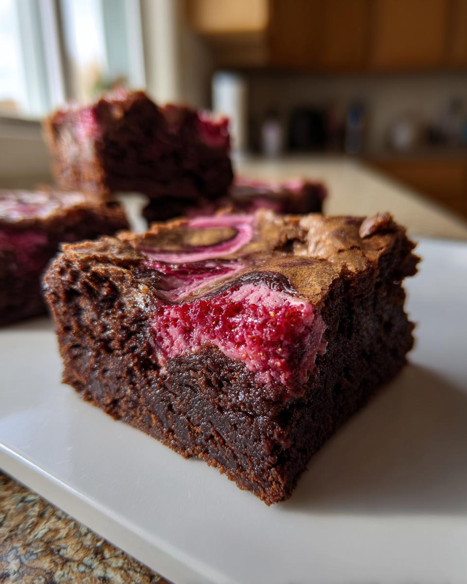 A close-up shot of a fudgy strawberry brownies slice showing the dark chocolate base and a bright pink strawberry swirl topping.