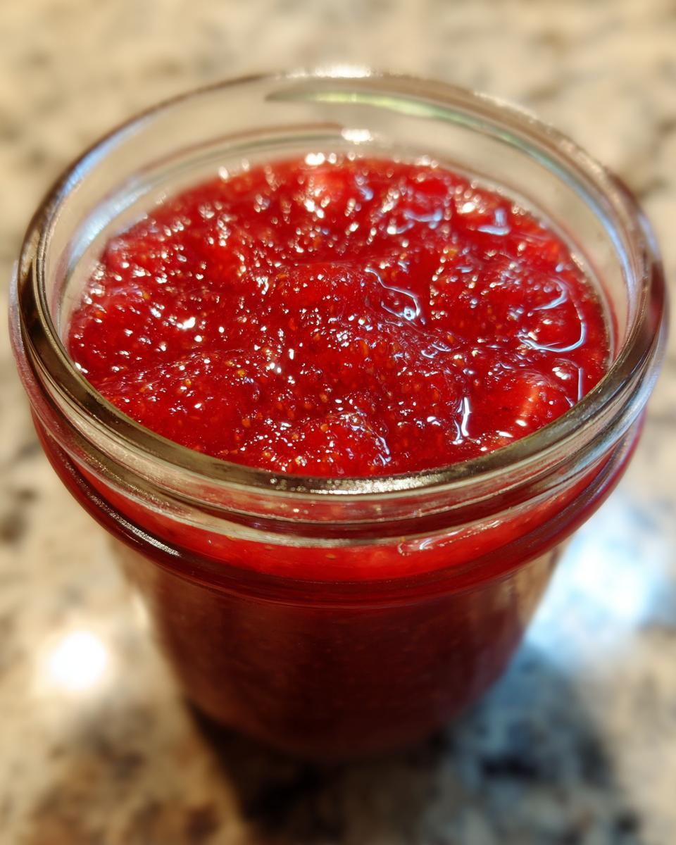 Close-up of bright red strawberry freezer jam filling a small glass jar on a speckled countertop.