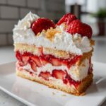 A tall slice of strawberry shortcake cheesecake layered with sponge cake, fresh strawberries, and cream, topped with whipped cream.