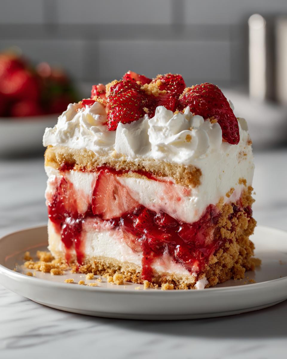 A decadent slice of strawberry shortcake cheesecake layered with cream, strawberries, and a graham cracker crust.