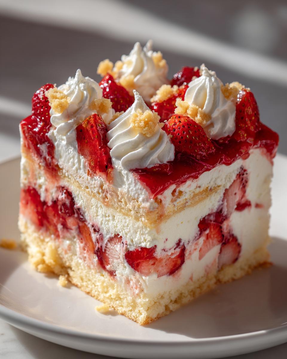 A perfect square slice of strawberry shortcake cheesecake featuring layers of sponge cake, cream, and fresh strawberries.