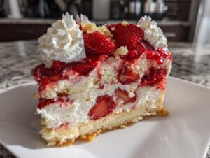 A decadent slice of strawberry shortcake cheesecake featuring layers of cake, cream, and fresh strawberries, topped with whipped cream.