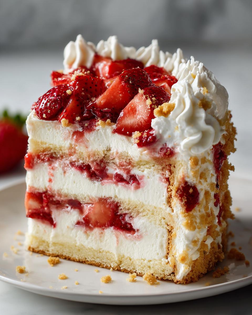 Close-up of a decadent slice of strawberry shortcake cheesecake with layers of cake, cream, and fresh strawberries.