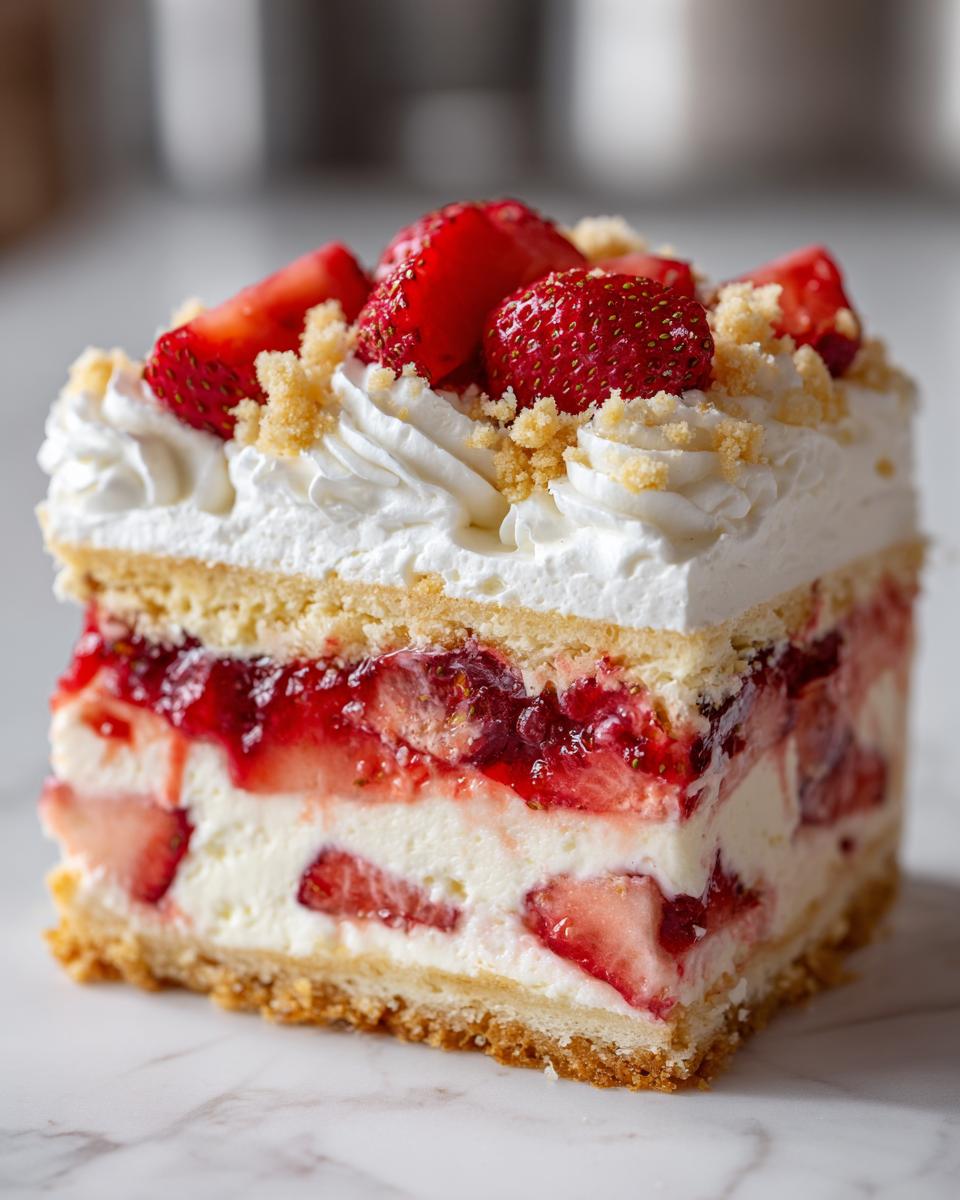A decadent slice of strawberry shortcake cheesecake featuring layers of cake, cream cheese filling, strawberries, and whipped topping.