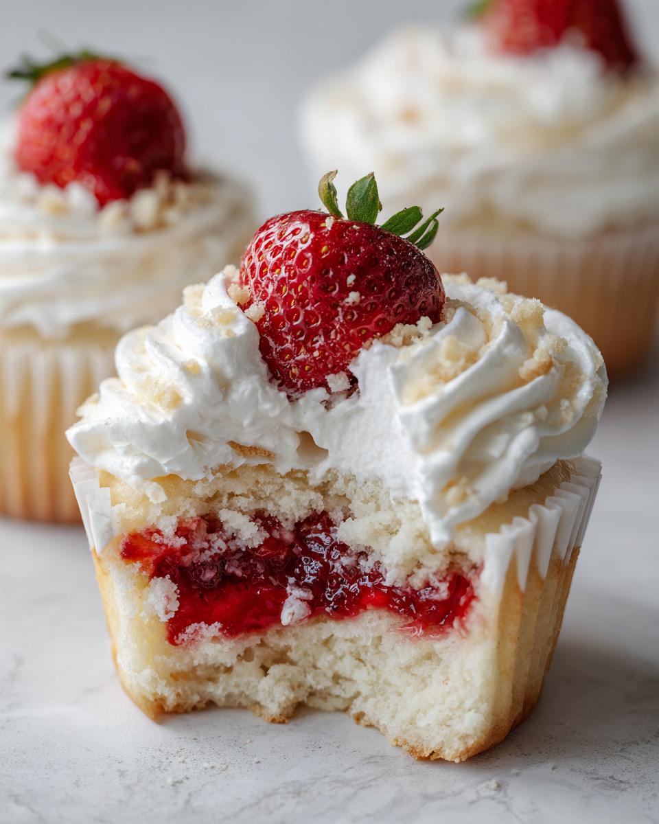 Close-up of a strawberry shortcake cupcakes cut in half showing the jam filling, topped with whipped cream and a fresh strawberry.