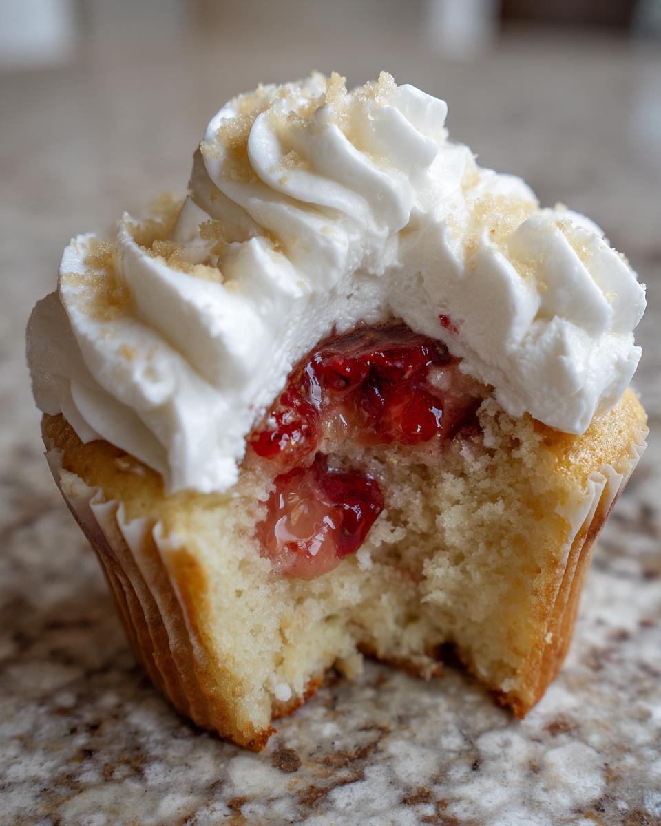 Close-up of a strawberry shortcake cupcakes with a bite taken out, revealing the strawberry filling and whipped cream topping.